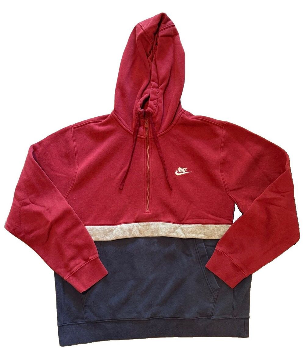 Nike Hoodie Mens L Burgundy Navy Colorblock Half Zip Fleece Pullover Sweatshirt